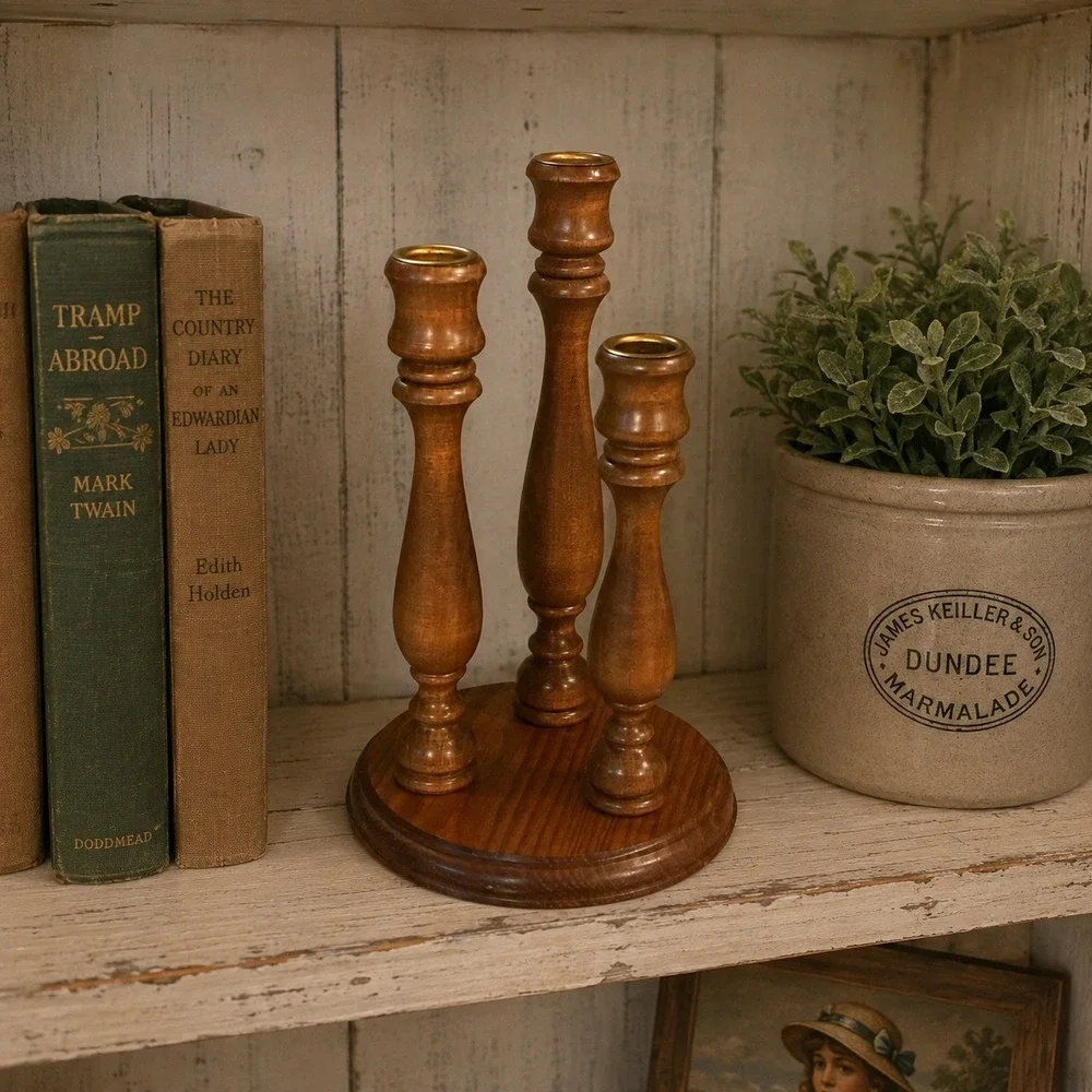 Vintage Wooden Triple Taper Candle Holder Tiered Spindle Candelabra 11 Inch